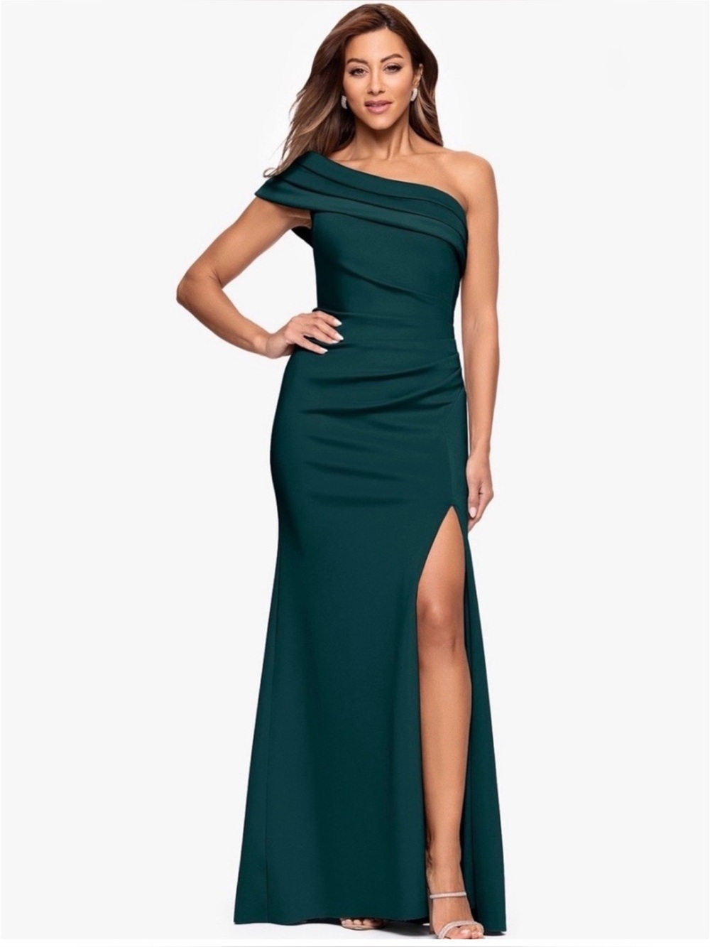 Xscape One-Shoulder Dress in Emerald Green